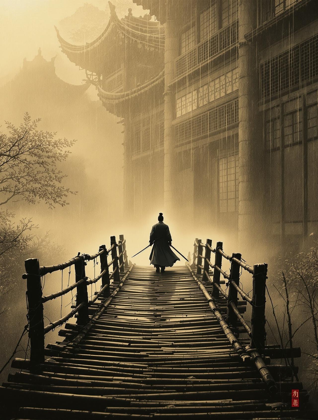 《武林像素传》武侠奇幻电影海报,像素化山水背景中侠客挥剑的剪影画面